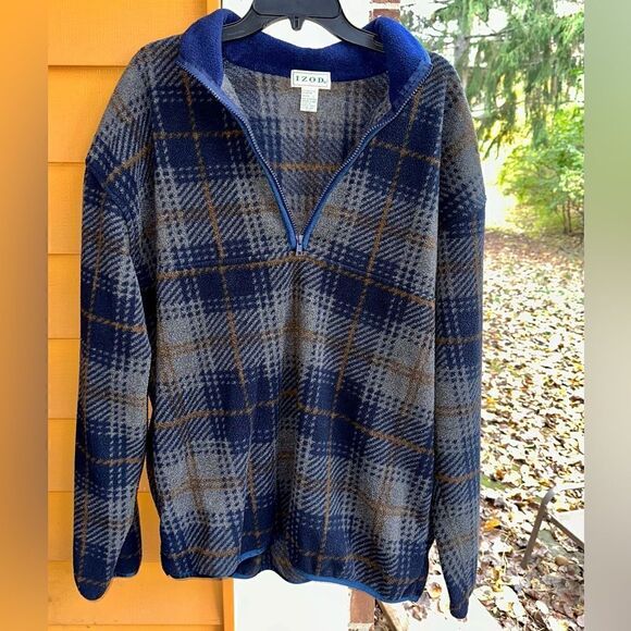 Izod Jacket Mens Large Fleece Tartan Plaid Pullover 1/4 Zip Blue Gray Brown - Picture 1 of 6